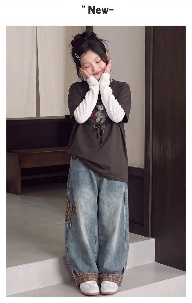 Children Clothes Suit Autumn Girls Long Sleeve T‑Shirt and Wide Leg Jeans Cute Bear Plaid Star Patch