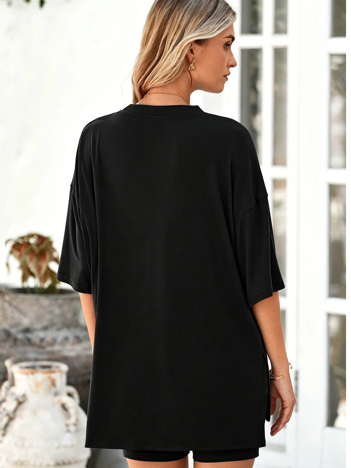 Women's loungewear set, casual short sleeve top + shorts, wear-at-home & outwear pajamas