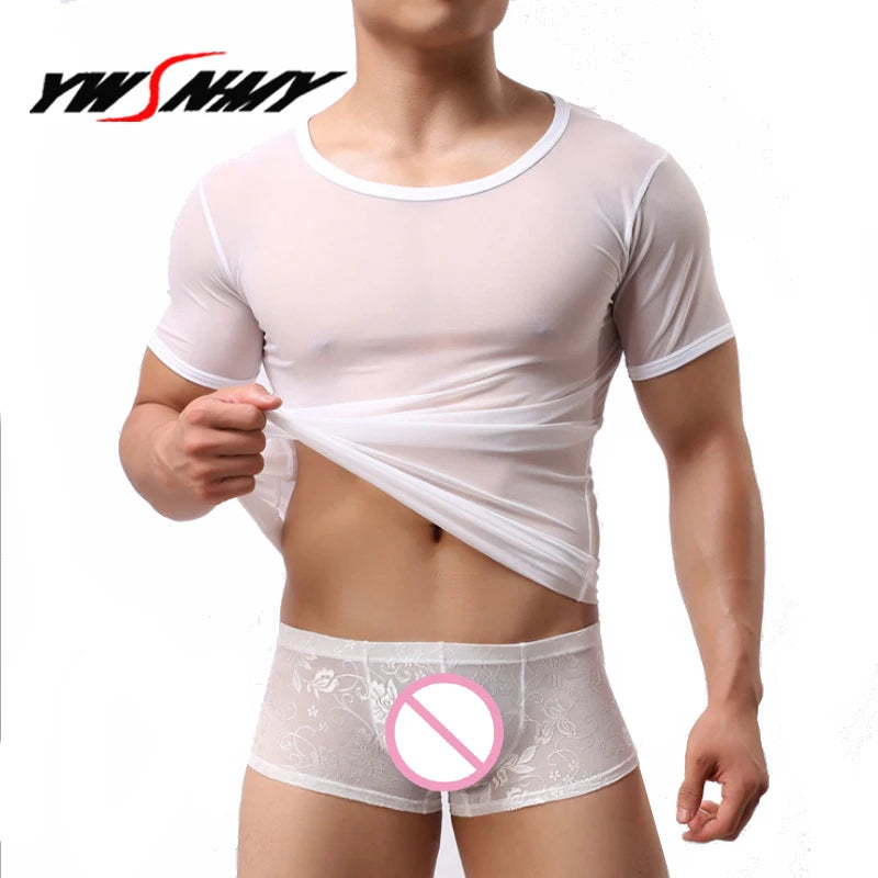 Mens T-shirt Sexy Transparent Sheer Mesh Breathable Underwear See Through Short Sleeve Undershirt Fitness Casual Tops Tees