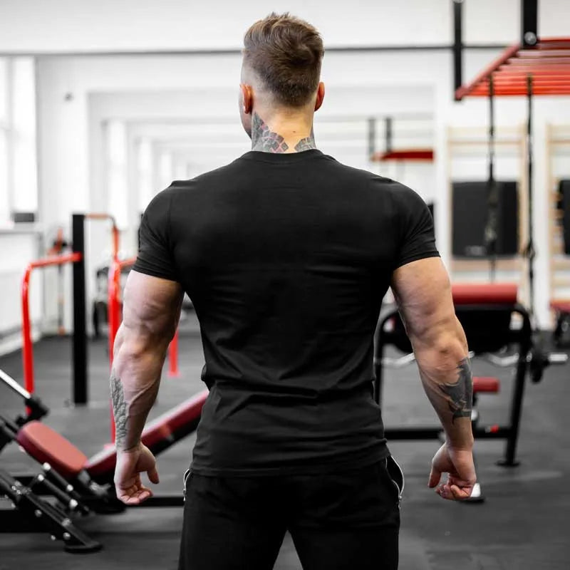 Men's Gym Fitness Clothing Man Cotton Sports Short Sleeve T-shirt Running Training Slim Printed Shirt Sweatshirt Casual Tops
