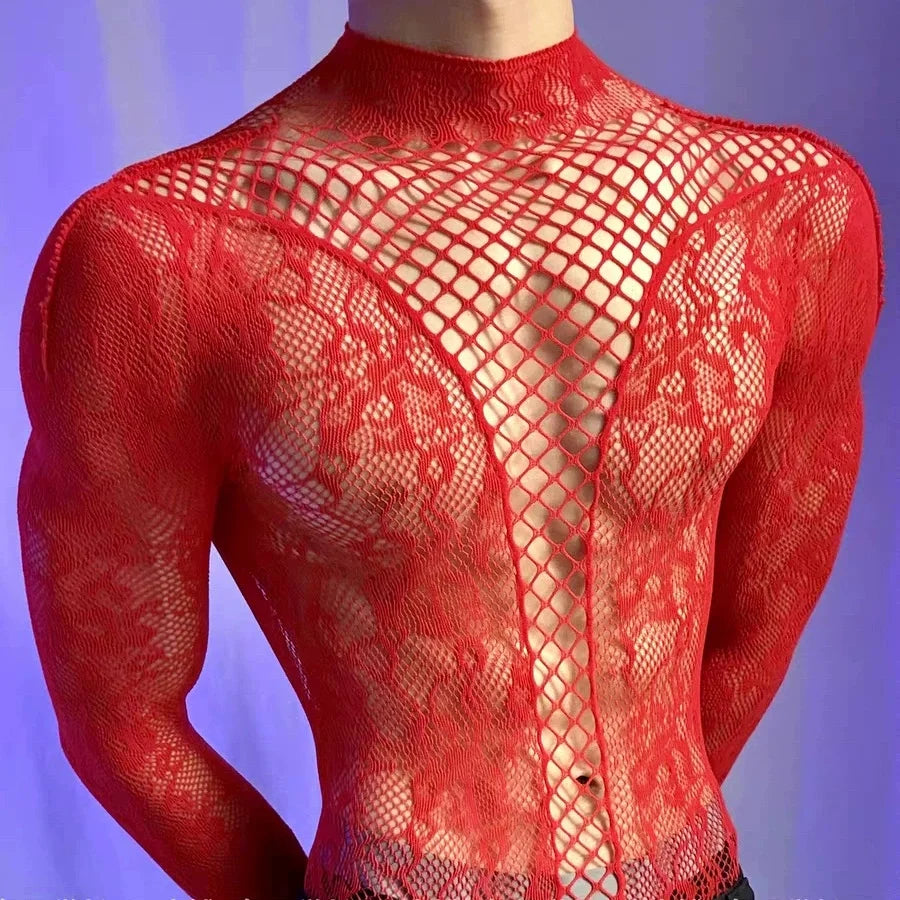 Men's Christmas Bodysuits Male Long Sleeved Uniforms Autumn Winter Underwear Fetish Breathable Gentlemen Mesh Clothes White Red