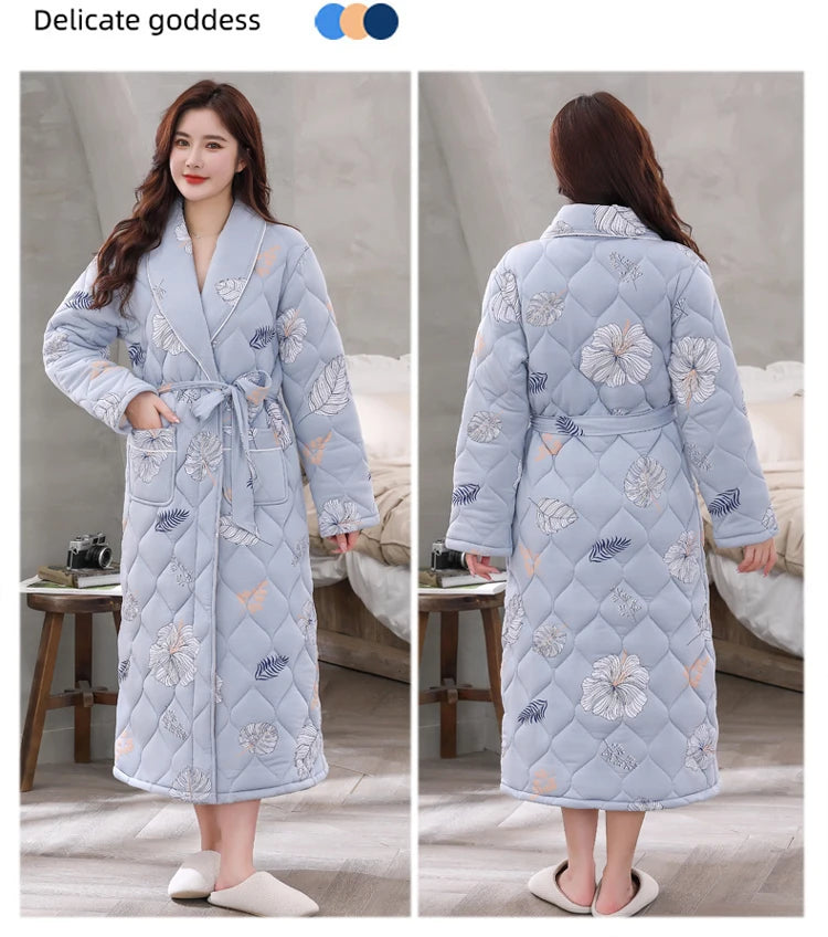 Peignoir Homme Women Robe Winter Warm Cotton Quilted Women's Bathrobe Nightgown Dressing Gown Sleepwear Female Home Clothing