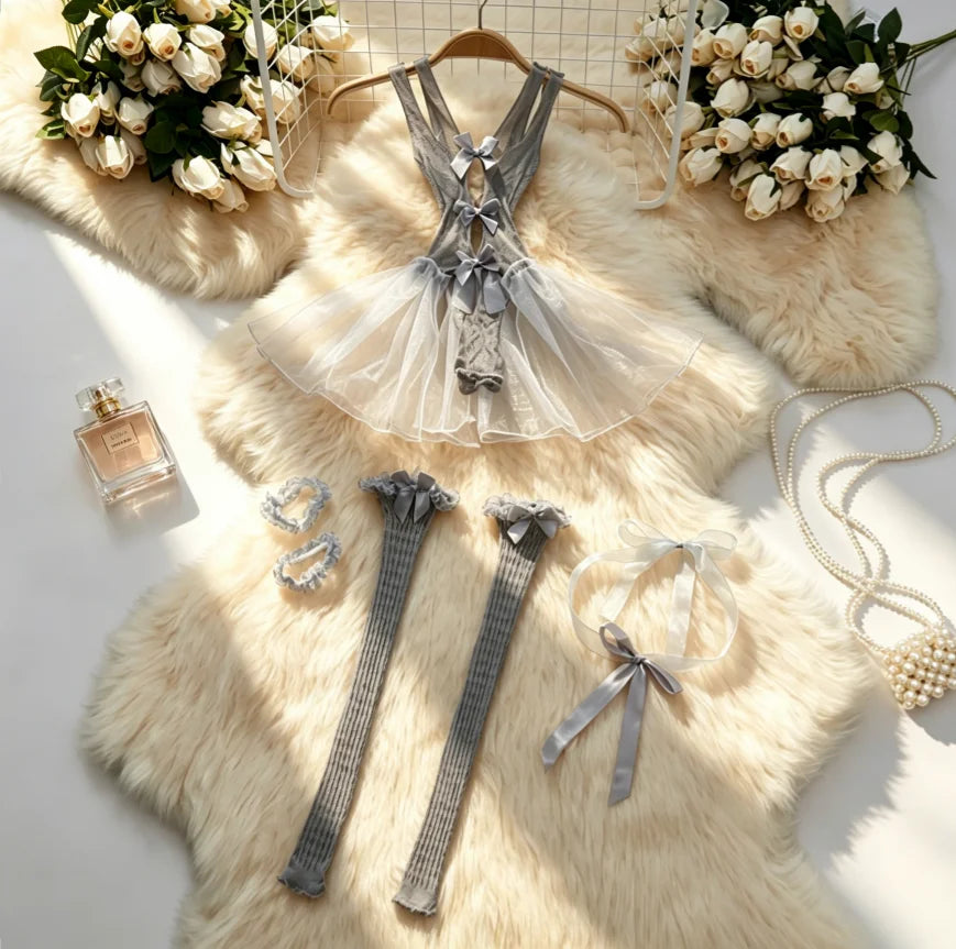 Women Clothing Hotsweet Bodysuit Cute Lolita Mini Dress Vest Ruffle Bow Pleat Cake Skirts Patchwork Mesh Hollowed-out Playsuits