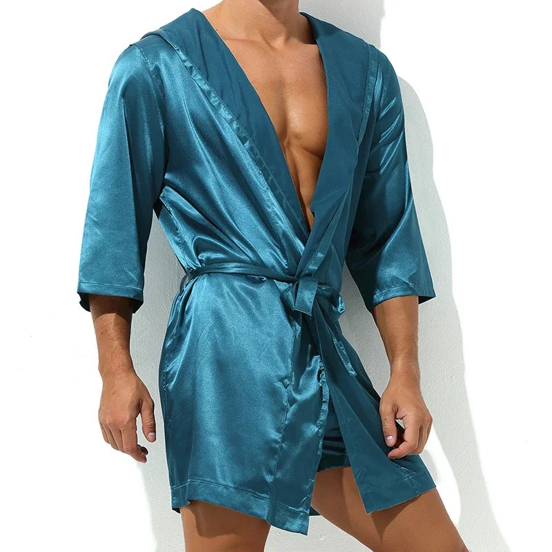 Men Bathrobes Summer Short Sleeve Homewear Silk Pajamas Bathrobe Mens Robes Sleepwear