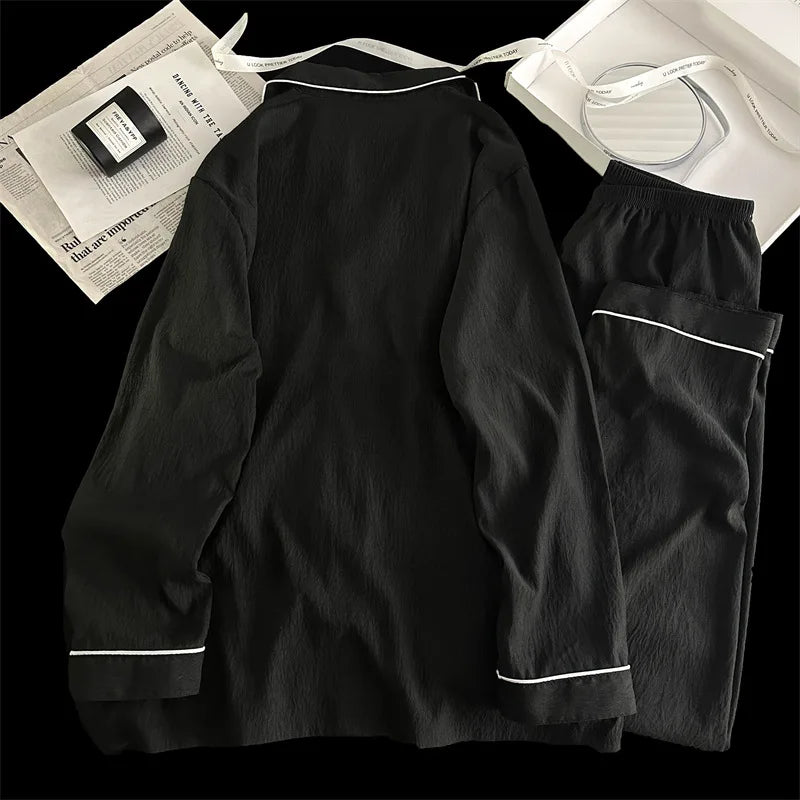 Men's Pajama Sets Casual Autumn Winter Sleepwear Long Sleeve Lapel Top Trousers Suit Male Home Wear Clothing Sleep Pijama Mujer