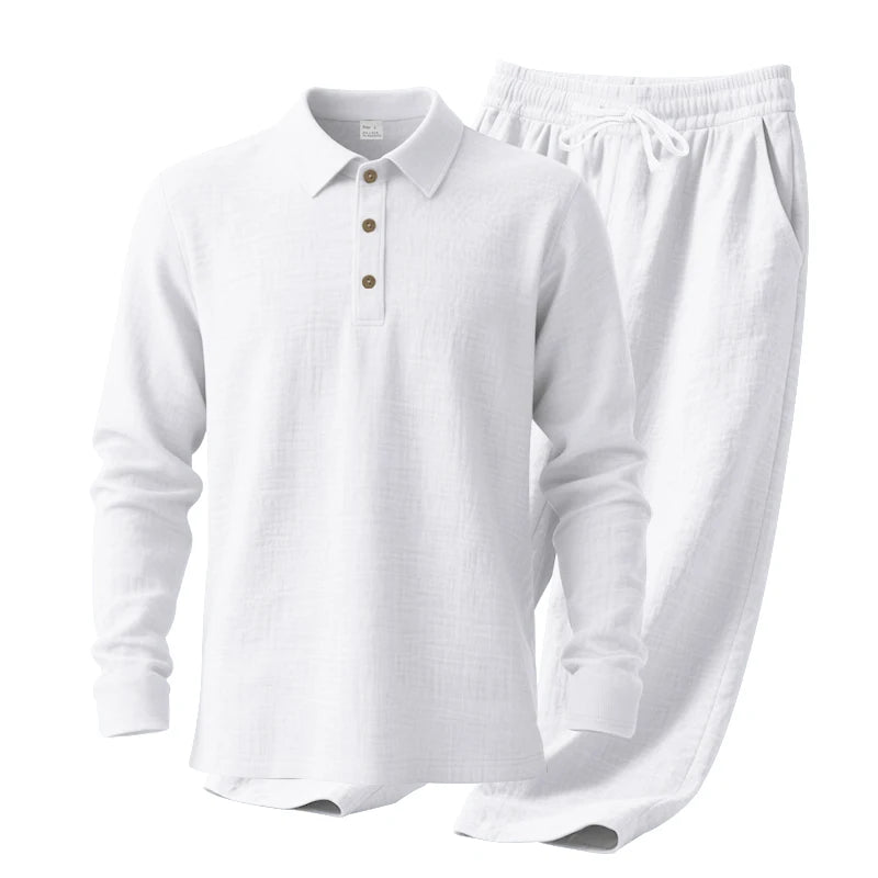 Men's Clothing Set Linen Two-Piece Set: Long-Sleeve Polo Shirt and Straight-Leg Pants Set, Casual Beach Sportswear