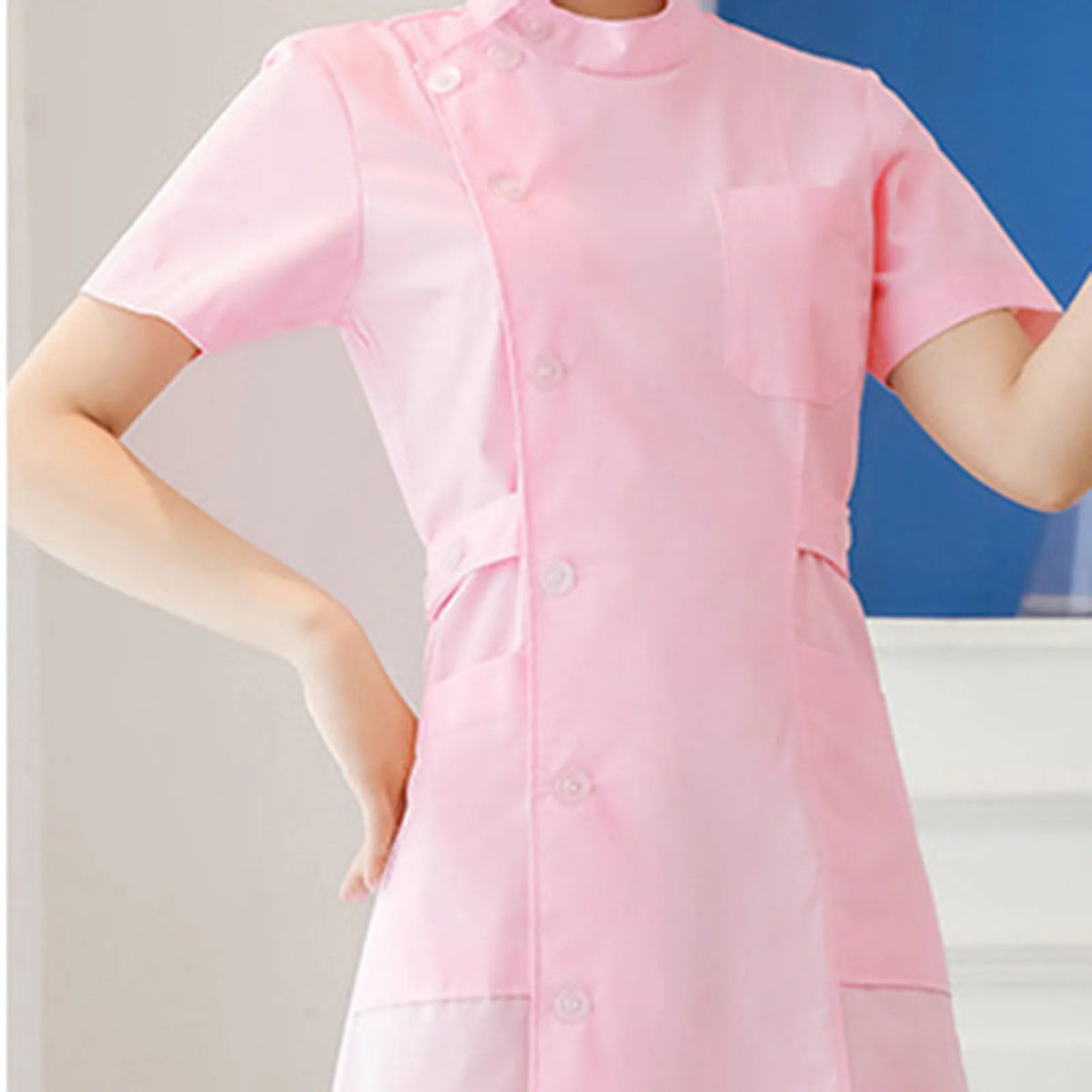Women Nurse Dress Working Uniform Workwear Healthcare Gown Solid Color Short Sleeve Scrub Dresses Uniformes White Blue Pink
