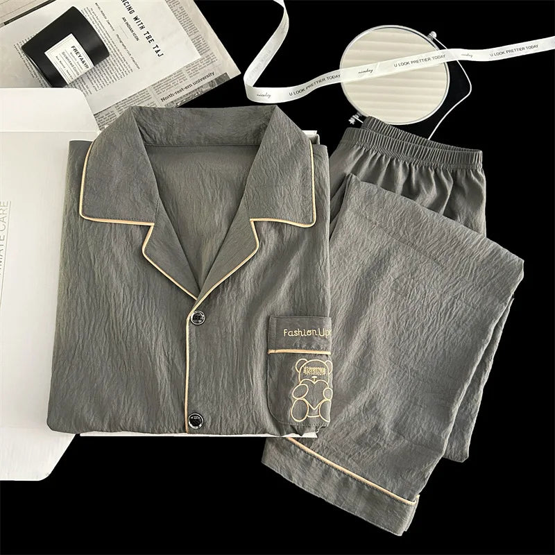 Men's Pajama Sets Casual Autumn Winter Sleepwear Long Sleeve Lapel Top Trousers Suit Male Home Wear Clothing Sleep Pijama Mujer