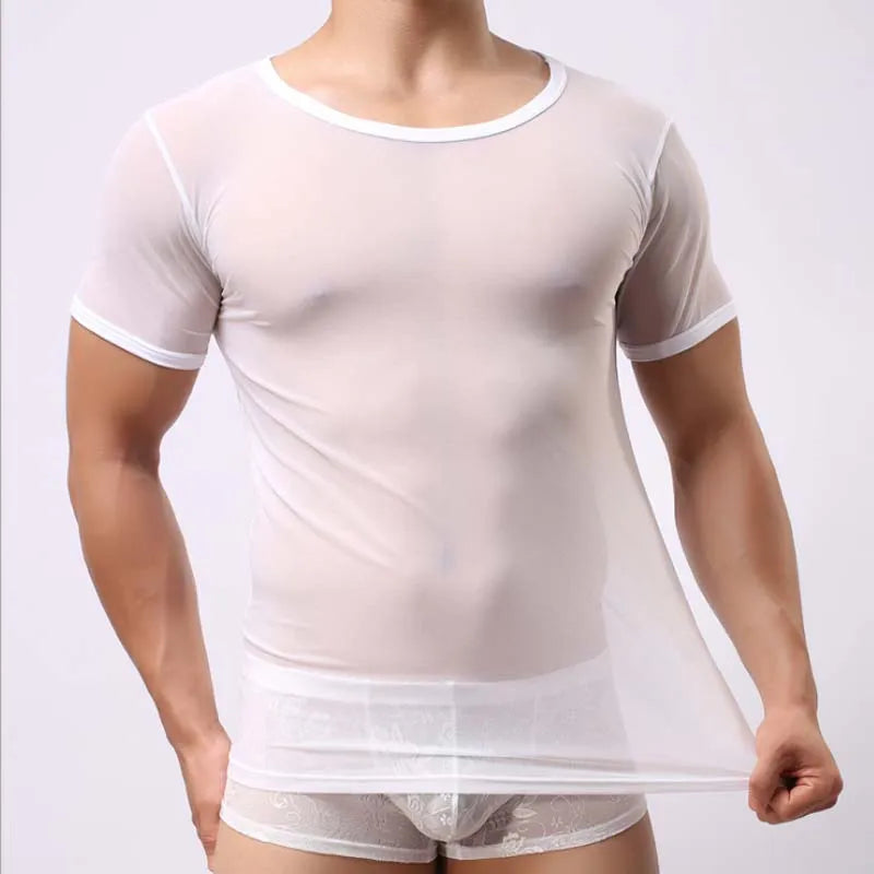 Mens T-shirt Sexy Transparent Sheer Mesh Breathable Underwear See Through Short Sleeve Undershirt Fitness Casual Tops Tees