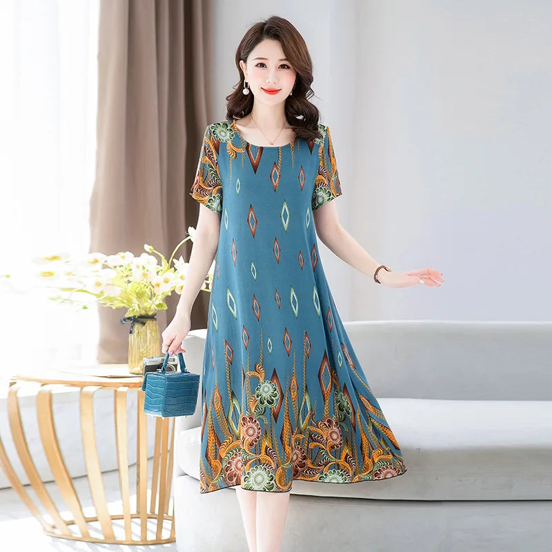 New Summer Home Clothing For Middle-aged Mothers Short Sleeve Sleepwear Dress Cotton Rayon Long Nightdress Women Nightgowns 5XL
