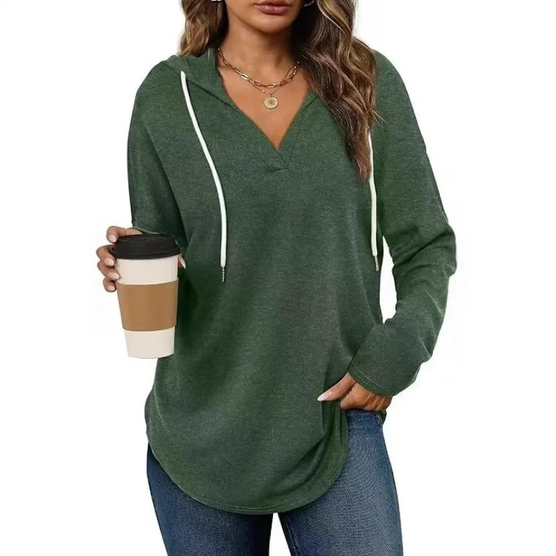Women's Clothing European American Solid Color Drawstring Sweatshirts Loose Irregular Hoodies Top for Spring Autumn