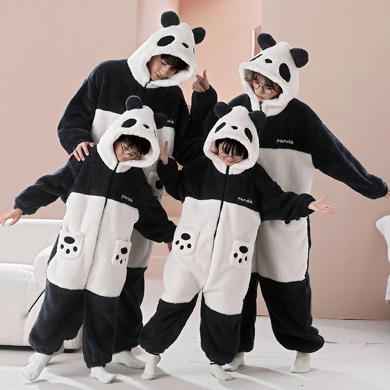 Winter Family Parent-Child Outfit Pijamas Onesie Animal Kawaii Panda Sleepwear Thicken Soft Warm Hoodies Jumpsuits Pyjama
