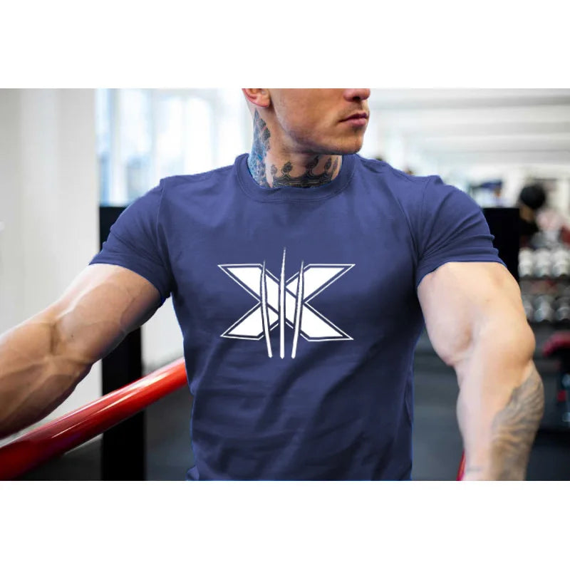 Men's Gym Fitness Clothing Man Cotton Sports Short Sleeve T-shirt Running Training Slim Printed Shirt Sweatshirt Casual Tops