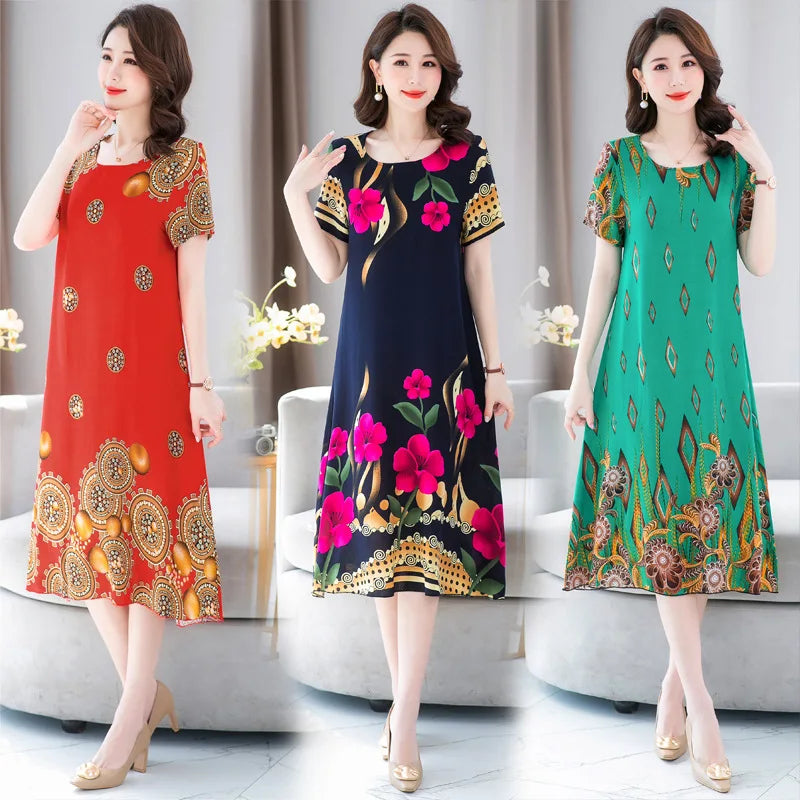 New Summer Home Clothing For Middle-aged Mothers Short Sleeve Sleepwear Dress Cotton Rayon Long Nightdress Women Nightgowns 5XL