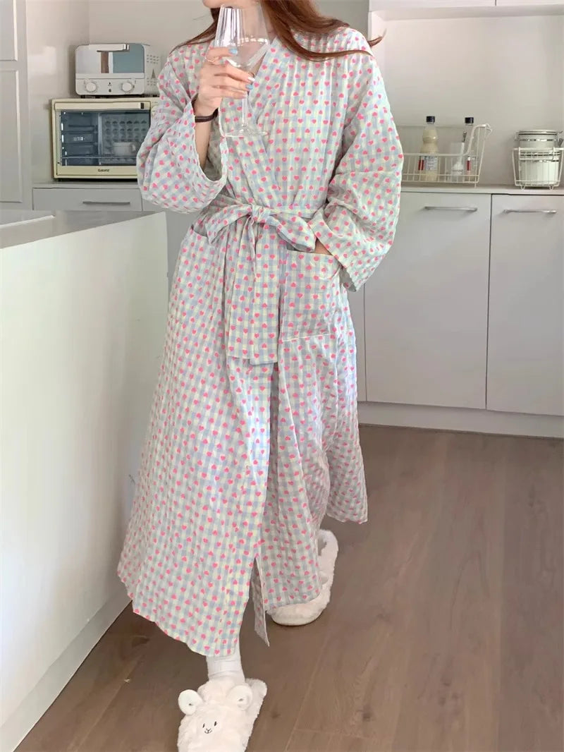 bathrobe women's bathing love plaid loose long sleeve long kimono V-neck lace up trousers nightgown sexy robe women's girl