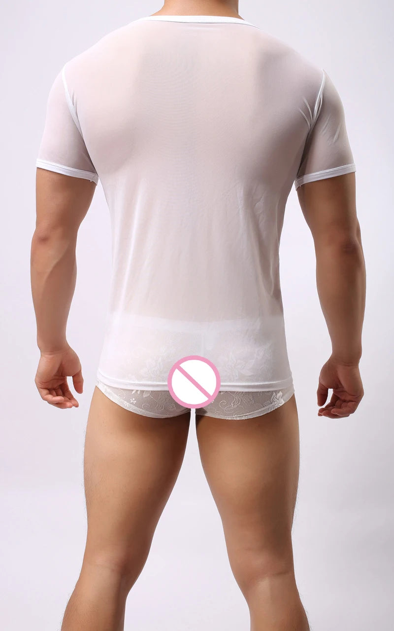 Mens T-shirt Sexy Transparent Sheer Mesh Breathable Underwear See Through Short Sleeve Undershirt Fitness Casual Tops Tees