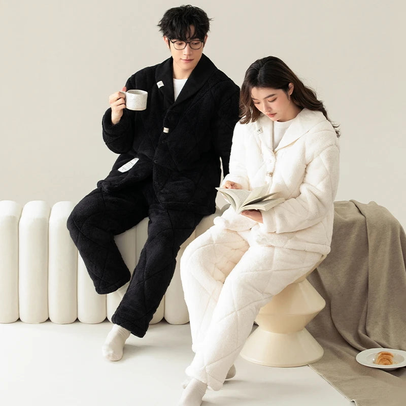 Newest winter 3 layer clip cotton pajama set couple turn-down collar pyjamas thick warm home clothing