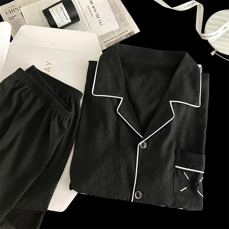 Men's Pajama Sets Casual Autumn Winter Sleepwear Long Sleeve Lapel Top Trousers Suit Male Home Wear Clothing Sleep Pijama Mujer