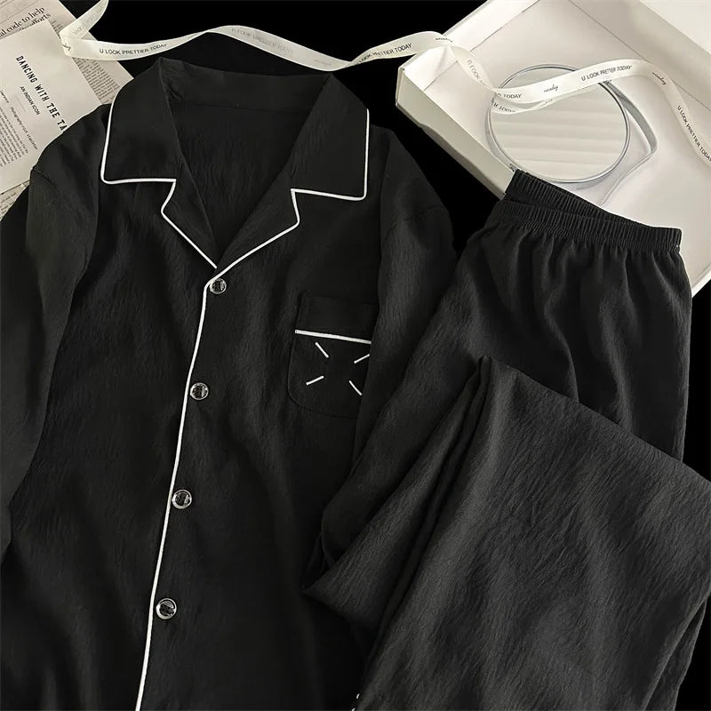 Men's Pajama Sets Casual Autumn Winter Sleepwear Long Sleeve Lapel Top Trousers Suit Male Home Wear Clothing Sleep Pijama Mujer