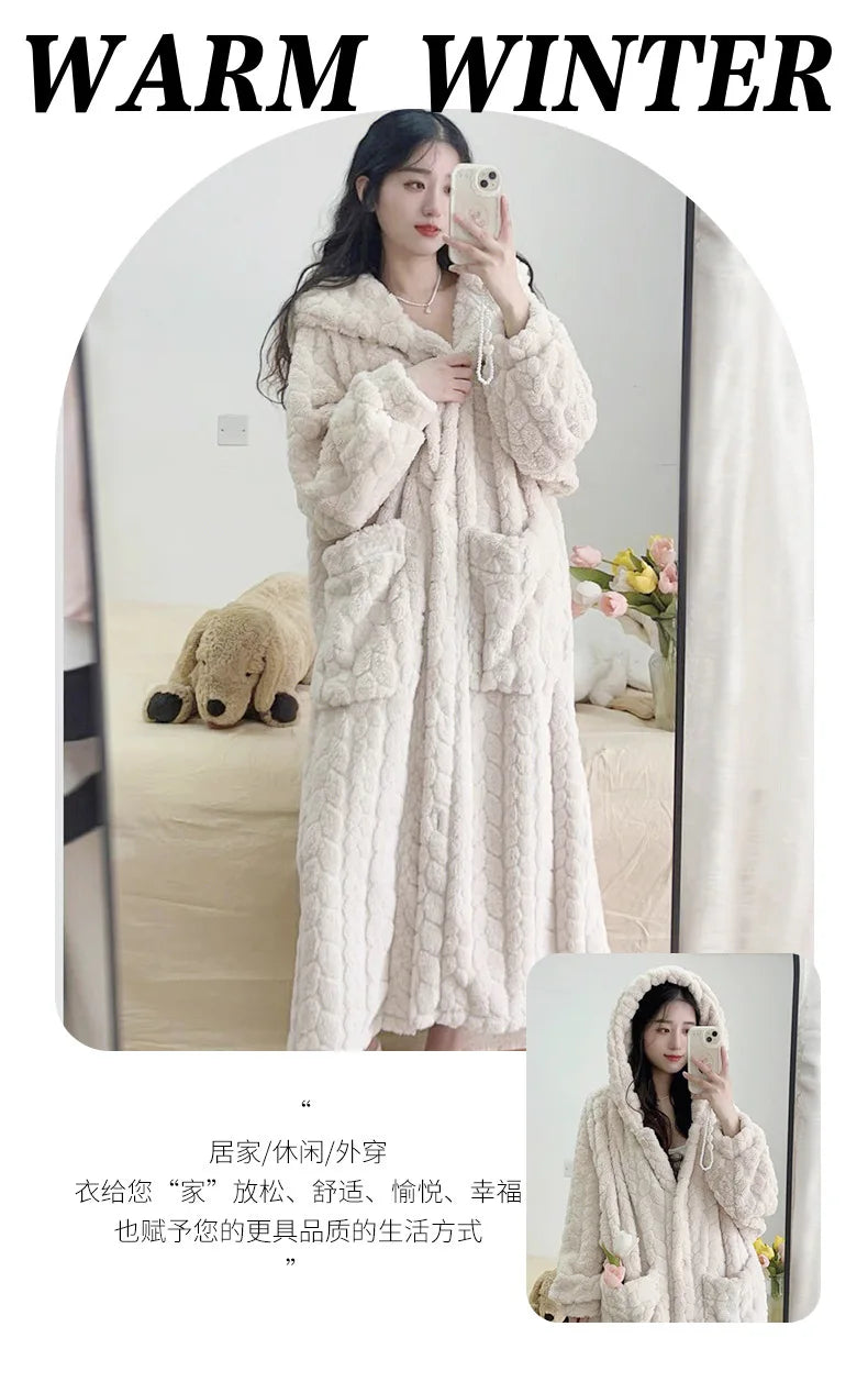 New 2026 Autumn Winter Women's Facecloth Robes Coral Velvet Long Section Cute Sweet Home Wear Lazy Sleeper Robe Pajamas Female