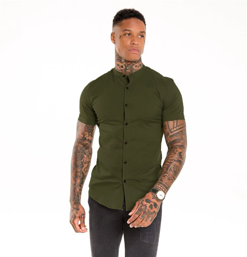 Mens Casual Broadcloth Shirt Summer Slim Fit Short Sleeve Plain Dress Shirt for Gym Business Social