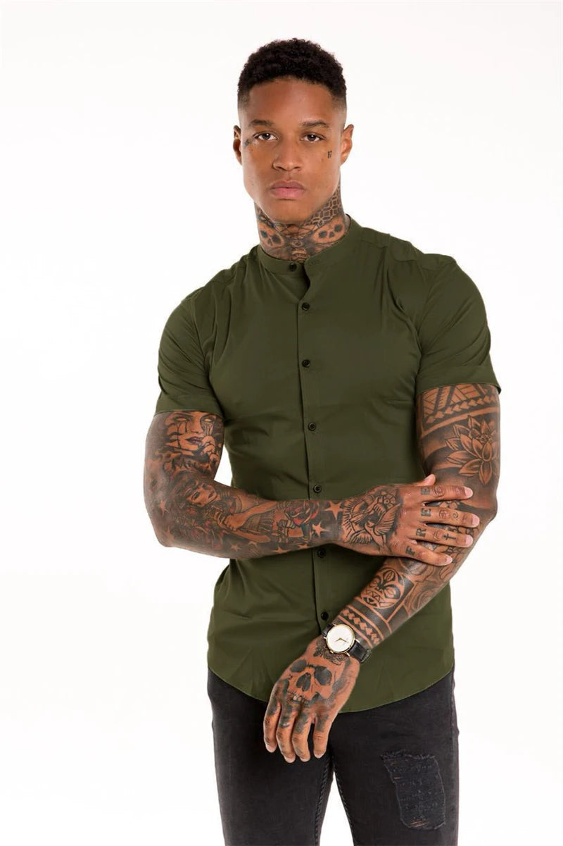 Mens Casual Broadcloth Shirt Summer Slim Fit Short Sleeve Plain Dress Shirt for Gym Business Social
