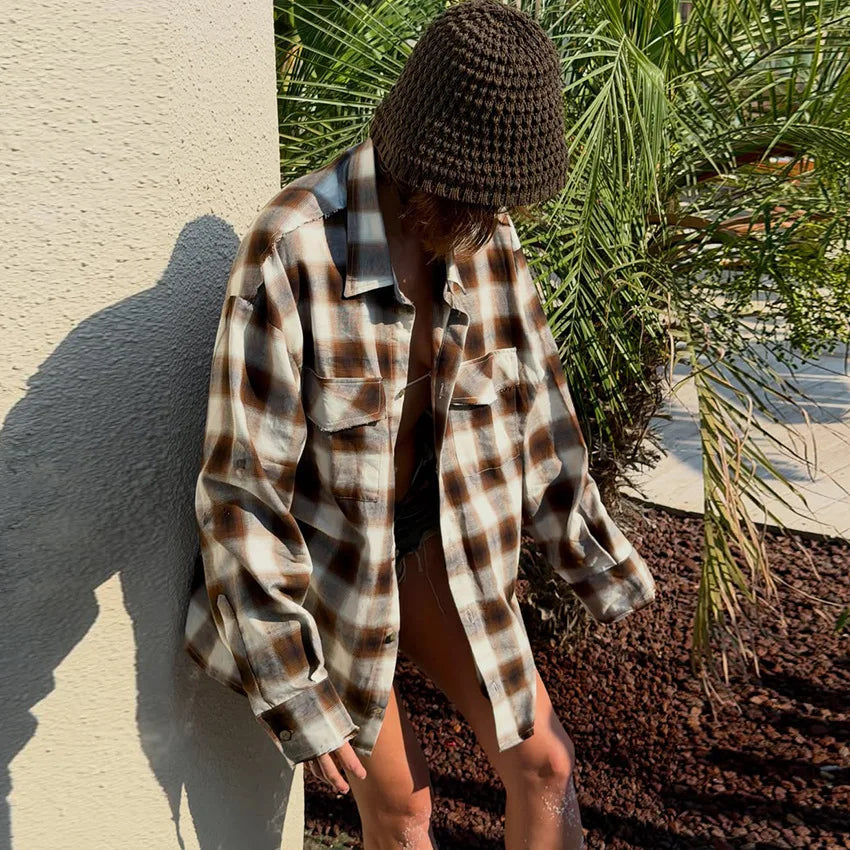 Women Blouses Shirt Vintage Plaid Turn Down Collar Full Sleeve Tops Casual Loose Y2k Streetwear Elegant Shirts Autumn Winter