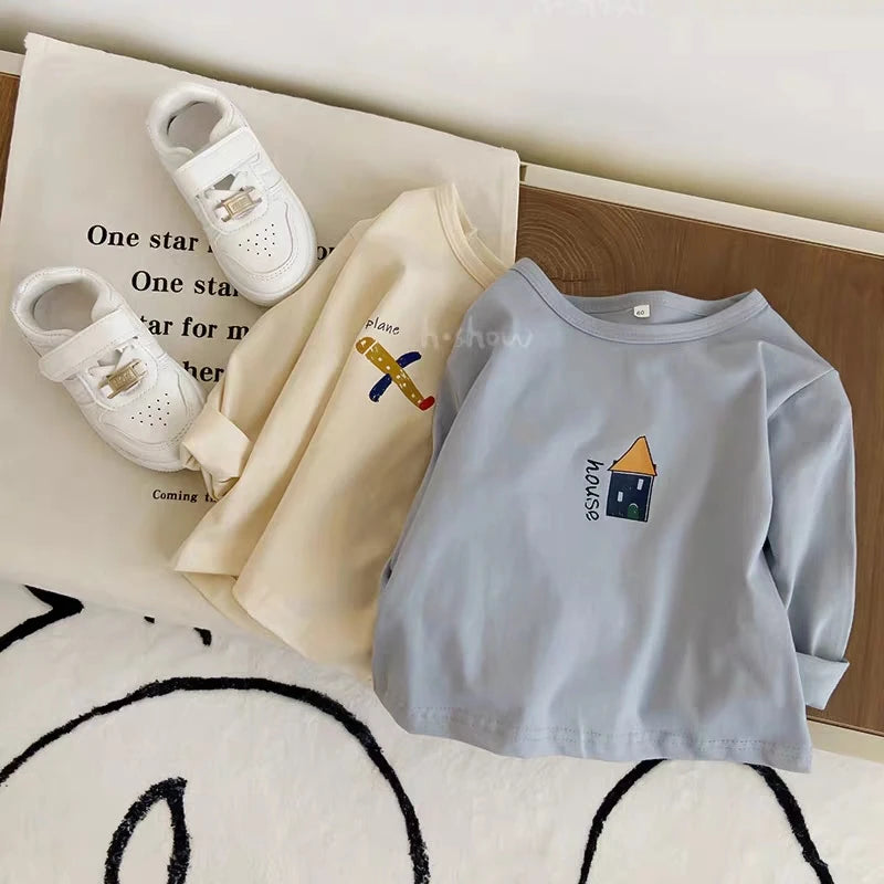 1-6 Age Children's Clothes Tops Tees Long Sleeved Popular Design Crewneck Pullover Blouse Boy Autumn Clothing Bottoming Shirts