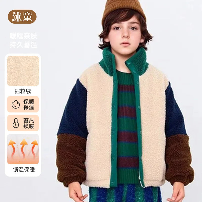 Children's Cotton Clothes 2026 Winter New Fashion Color Block Thickened And Velvet Warm Boys And Girls Cotton Clothes Jacket