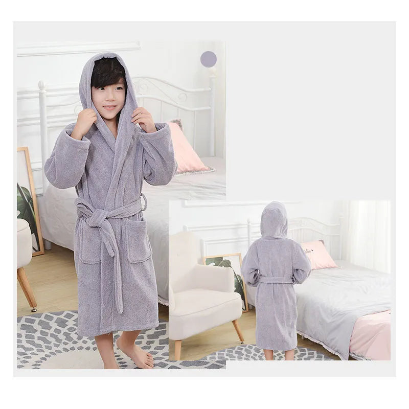 Children Bathrobe 100% Cotton Thickened Soft Hooded Belted Towel Robe for Boys Girls Aged 2-12 Years
