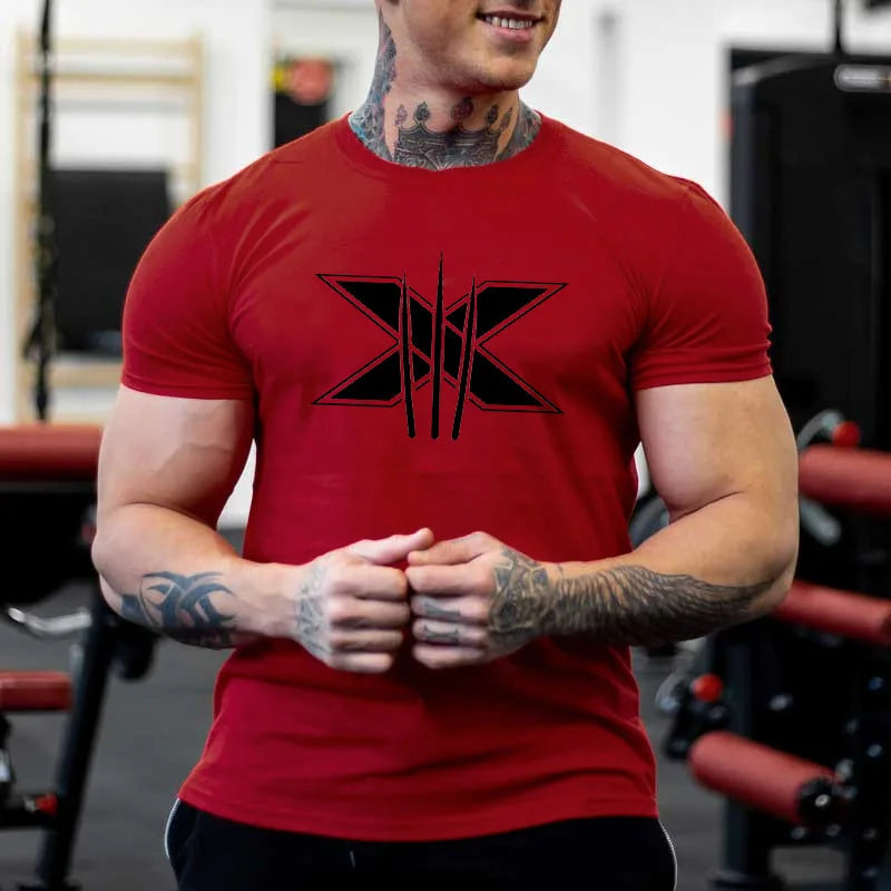 Men's Gym Fitness Clothing Man Cotton Sports Short Sleeve T-shirt Running Training Slim Printed Shirt Sweatshirt Casual Tops