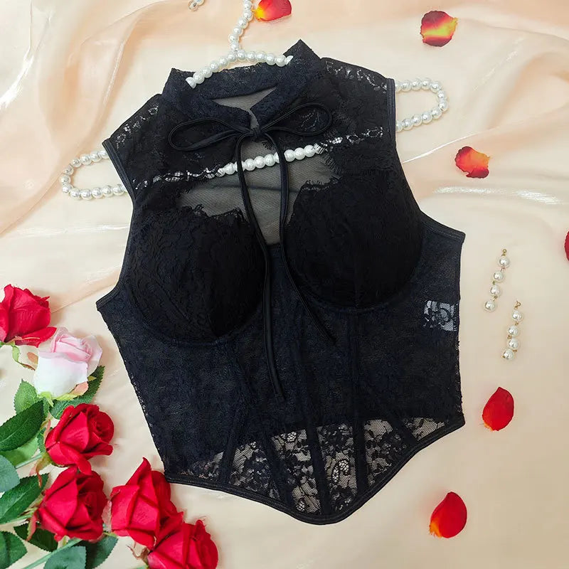 Women Sexy Lace Top See Through Corset Tank Elegant Ladies Sheer Camis Push Up Off Shoulder Vest Outfit