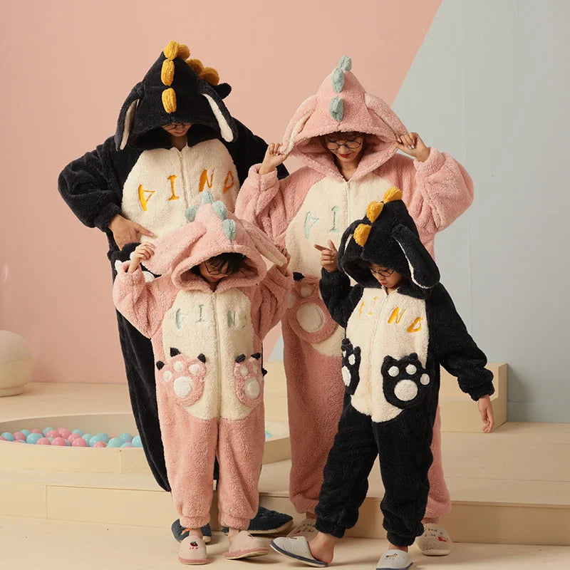 Winter Family Parent-Child Outfit Pijamas Onesie Animal Kawaii Panda Sleepwear Thicken Soft Warm Hoodies Jumpsuits Pyjama