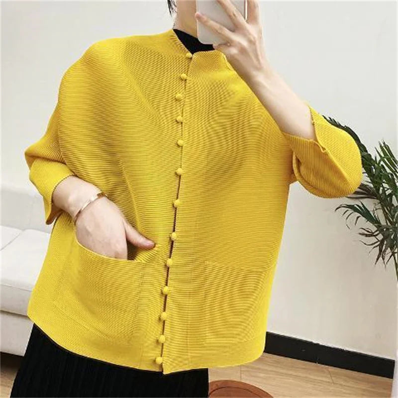 Woman Clothing T-shirt Bat Sleeves Loose and Pleated Small Jacket Women's Single-breasted Pocket Design Pleated Semi-Turtleneck