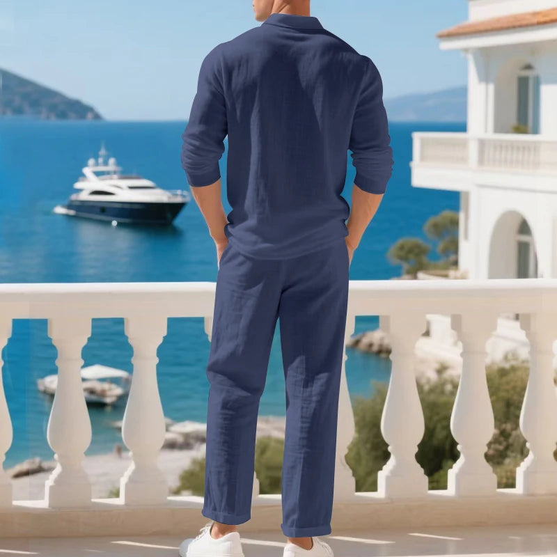Men's Clothing Set Linen Two-Piece Set: Long-Sleeve Polo Shirt and Straight-Leg Pants Set, Casual Beach Sportswear