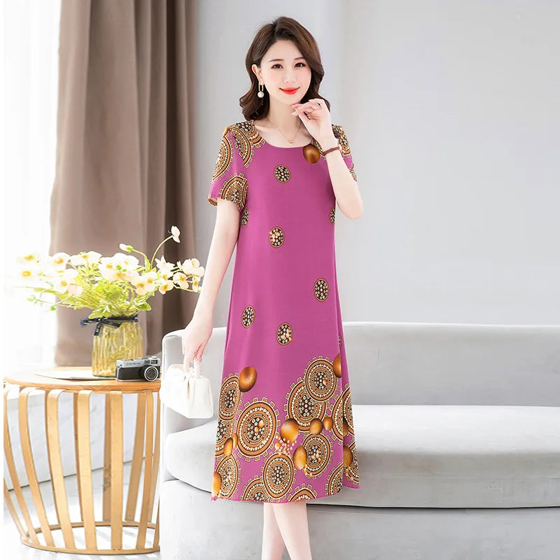 New Summer Home Clothing For Middle-aged Mothers Short Sleeve Sleepwear Dress Cotton Rayon Long Nightdress Women Nightgowns 5XL