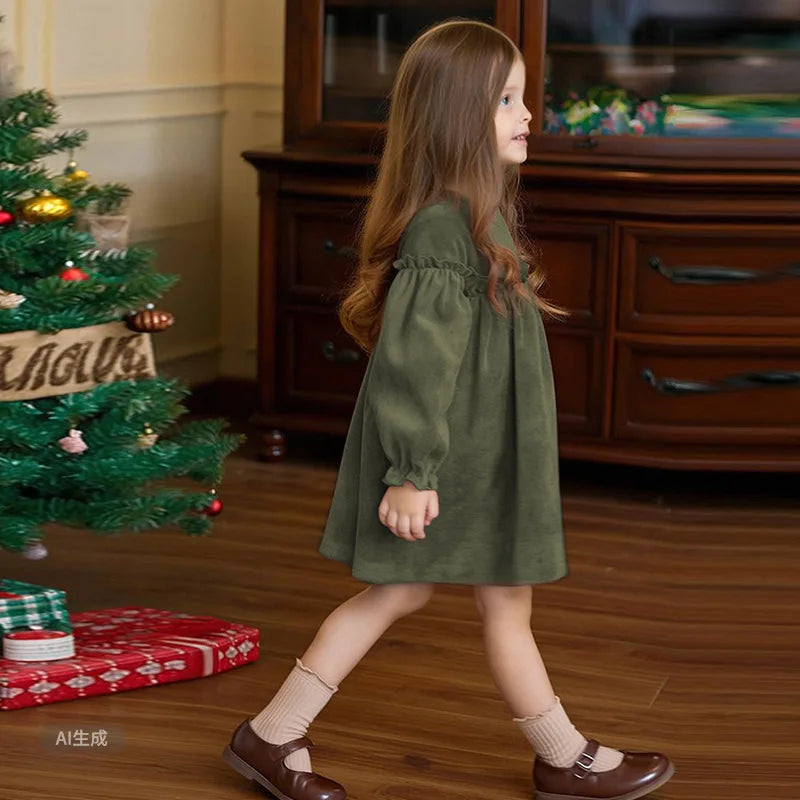 Children Clothing 2025 Autumn and Winter New Corduroy Long Sleeved Girls Baby Round Neck Lace Sleeves Cute Dress