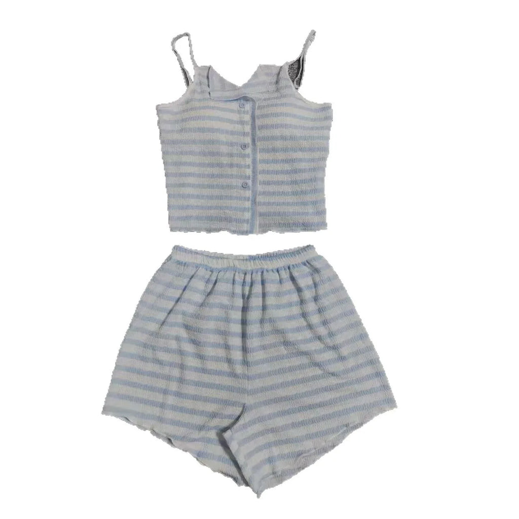 Summer new women's clothing with chest pads, striped suspenders, pajamas, girls, thin vests, shorts, loungewear, two-piece set,