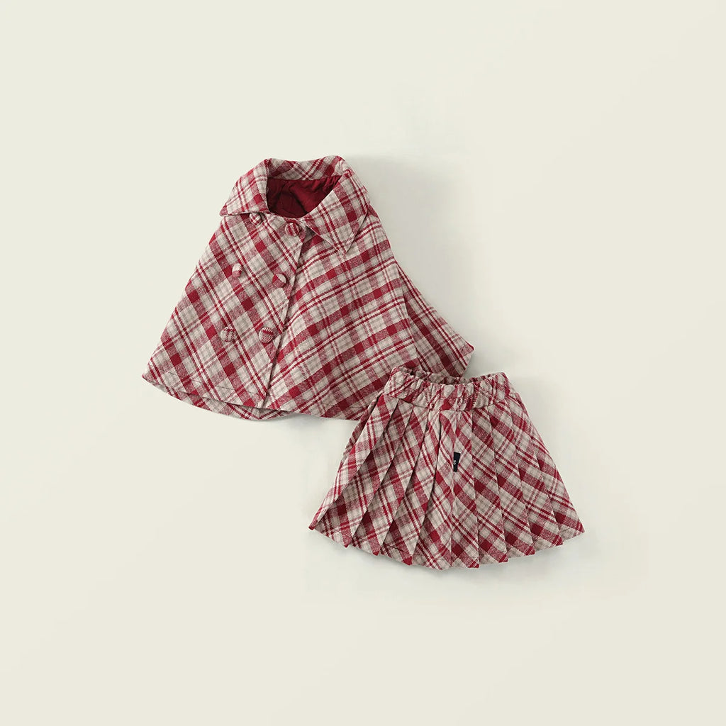Fashion Children's Clothing Sets 2025 Autumn and Winter New Red Plaid Woolen Suit Girls' Thick Cloak Jacket+ Pleated Skirt