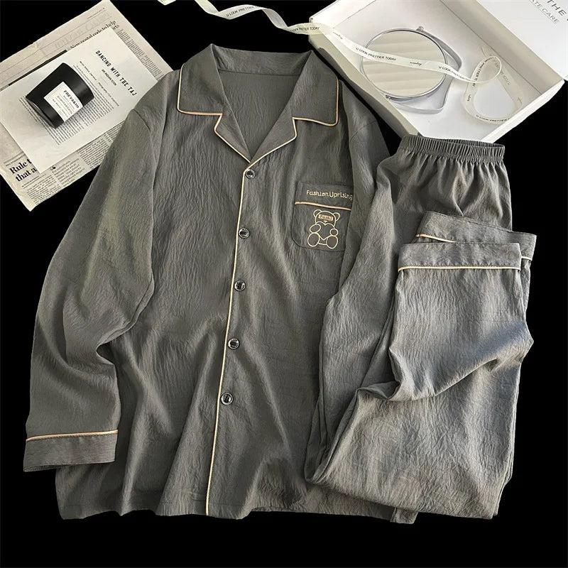 Men's Pajama Sets Casual Autumn Winter Sleepwear Long Sleeve Lapel Top Trousers Suit Male Home Wear Clothing Sleep Pijama Mujer