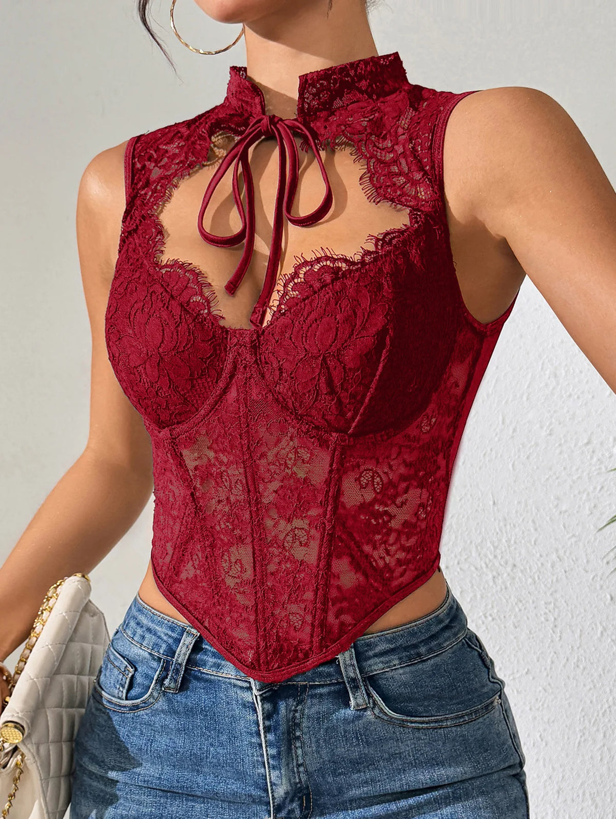 Women Sexy Lace Top See Through Corset Tank Elegant Ladies Sheer Camis Push Up Off Shoulder Vest Outfit
