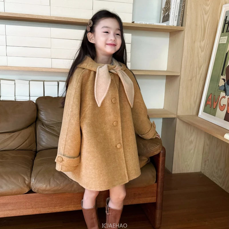 Teen Girl Clothes 2025 Children Wool Double Faced Girls Coat Clothes Kids Herringbone Outerwear Costumes Hooded Cape Handmade