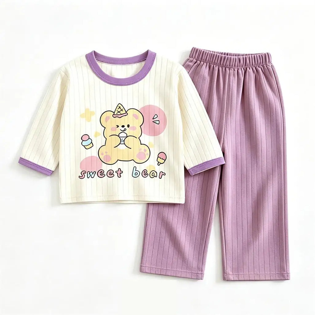 Cute Home Clothes For Baby Boys Girls Long-sleeved Suits Cartoon Tops Solid Color Pants Toddler New Casual Loose Sleepwear