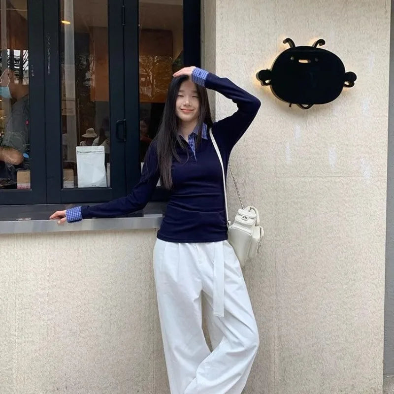2026 Women Clothing Fake Two T Shirts Long Sleeve Tunic Camisetas Patchwork Plaid Fashion Tees Casual Korean Tshirt Ropa Mujer