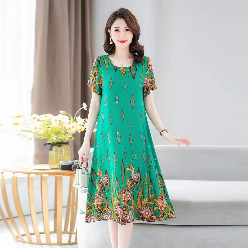 New Summer Home Clothing For Middle-aged Mothers Short Sleeve Sleepwear Dress Cotton Rayon Long Nightdress Women Nightgowns 5XL