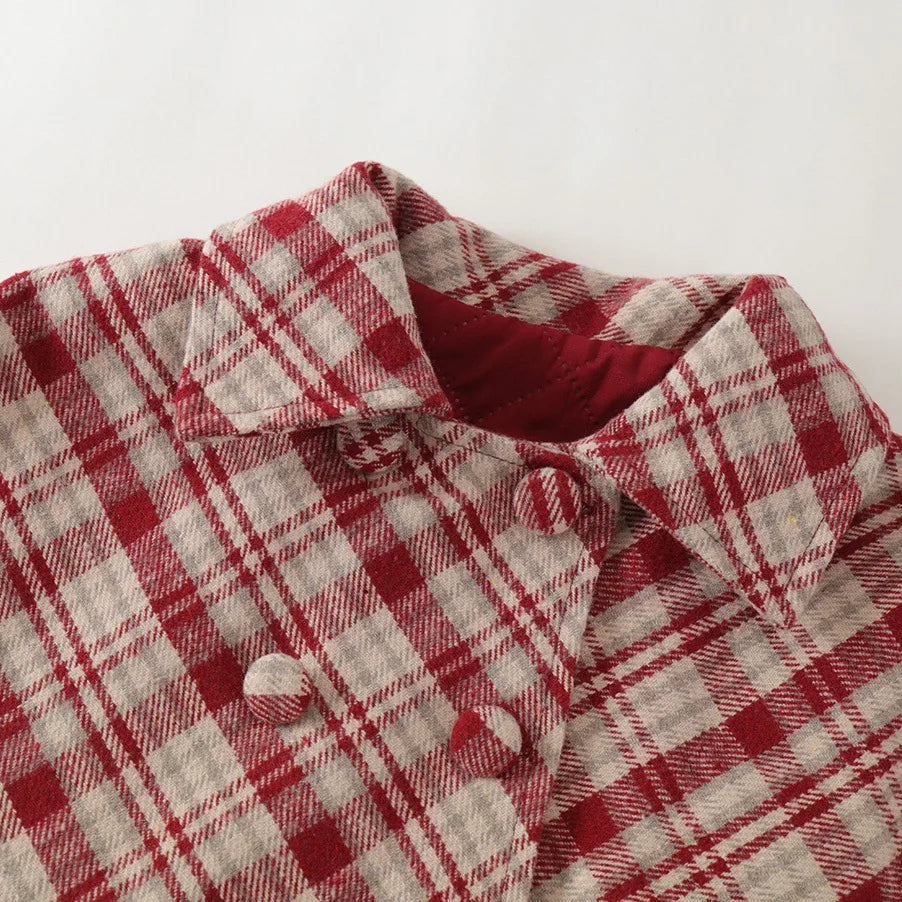 Fashion Children's Clothing Sets 2025 Autumn and Winter New Red Plaid Woolen Suit Girls' Thick Cloak Jacket+ Pleated Skirt