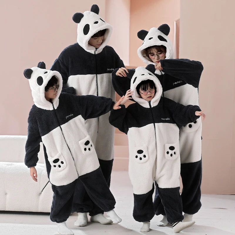Winter Family Parent-Child Outfit Pijamas Onesie Animal Kawaii Panda Sleepwear Thicken Soft Warm Hoodies Jumpsuits Pyjama
