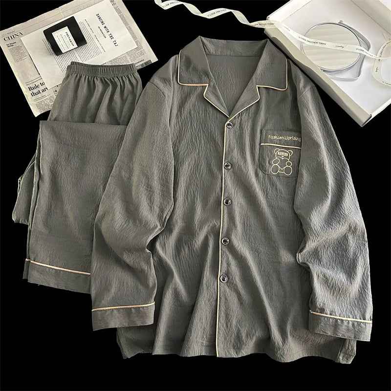 Men's Pajama Sets Casual Autumn Winter Sleepwear Long Sleeve Lapel Top Trousers Suit Male Home Wear Clothing Sleep Pijama Mujer