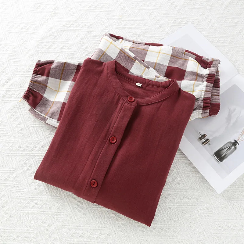Women's 100% Cotton Double-layer Yarn Printed Home Clothing Spring Thin Standing Collar Pajama Set Long Sleeves Sleepwear 2 Pcs