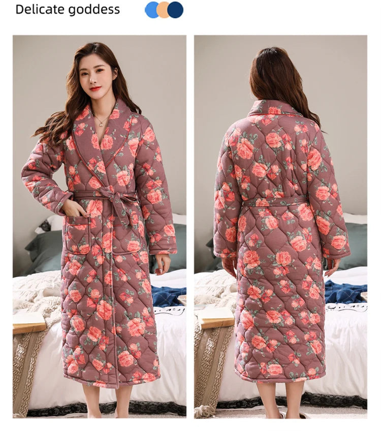 Peignoir Homme Women Robe Winter Warm Cotton Quilted Women's Bathrobe Nightgown Dressing Gown Sleepwear Female Home Clothing